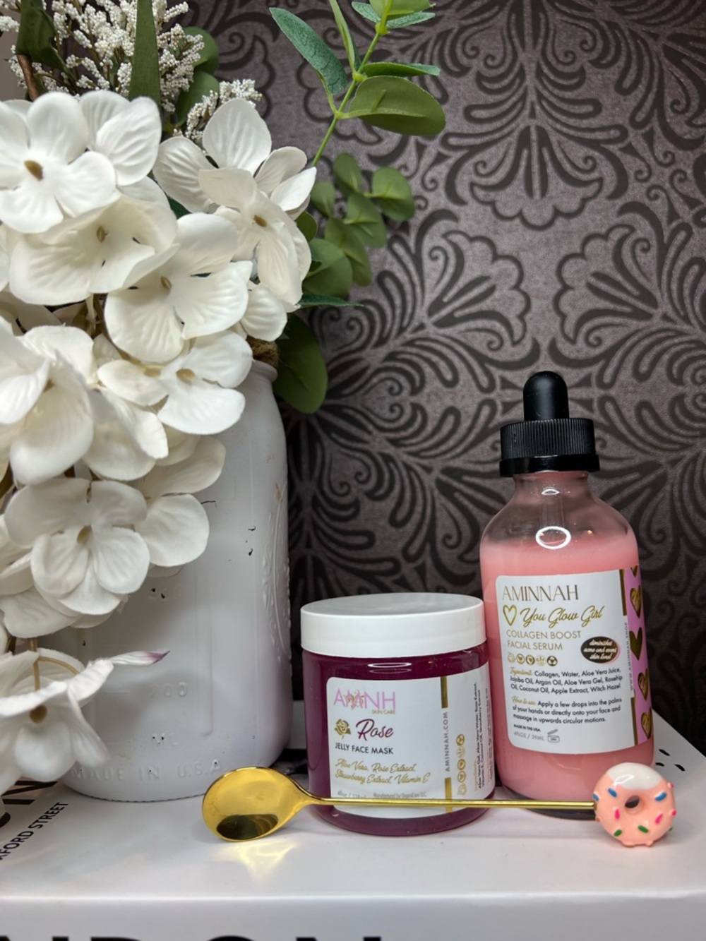 AMINNAH Rose Jelly Mask & Collagen Boost Facial Serum Set